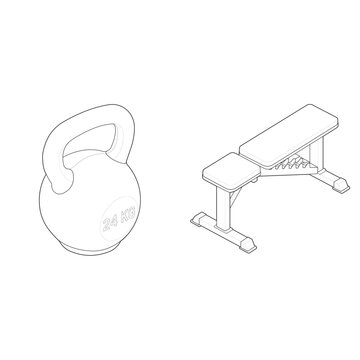 Isometric FID utility bench and 24kg kettlebell bundle linear drawing