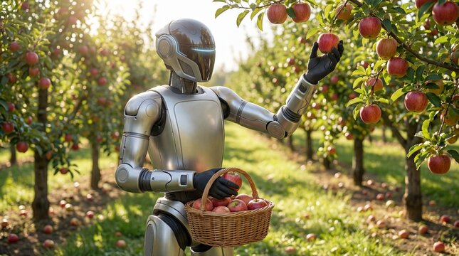 Close up of humanoid robot hand picking ripe red apple in agricultural farm