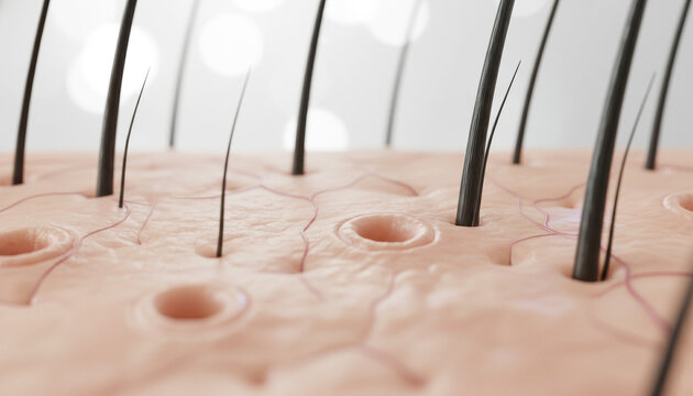 顕微鏡で見た薄毛の頭皮の3DCGイラスト  毛穴が開いたイメージ 