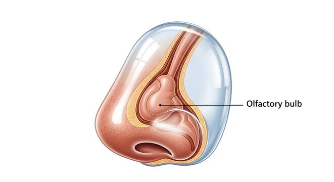 Oblique cross‑section anatomical illustration of the human nose emphasizing an enlarged olfactory bulb overlying the nasal cavity, demonstrating detailed bulb structure and its intimate relationship w