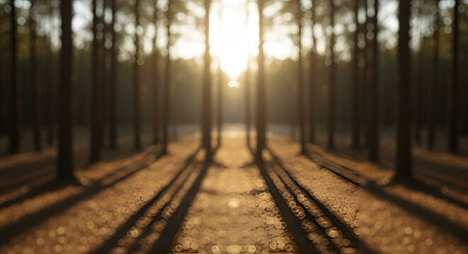 Sunlight filtering through pine trees casting long shadows on a forest path, warm golden hour glow, tranquil nature scene