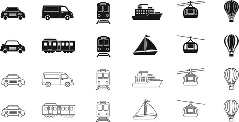 Transportation icon set featuring car van train ship sailboat cable car and hot air balloon in black silhouette and outline vector illustration styles © Bappi