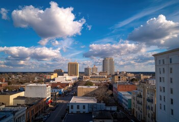 Naklejka premium Panoramic View of a City Skyline Under a Cloudy Blue Sky.