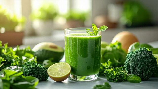 Vibrant green smoothie with fresh healthy vegetables and lime
