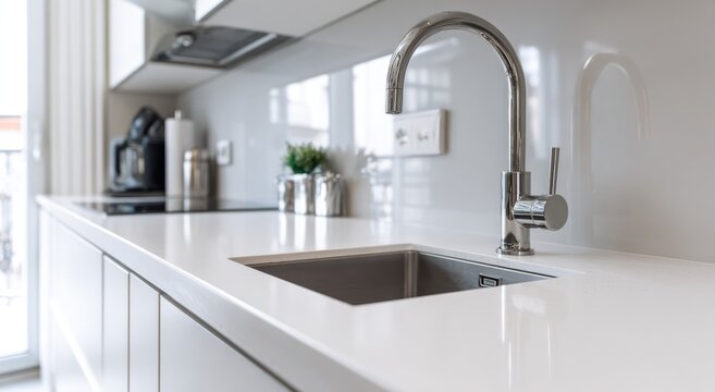 Modern Kitchen Sink and Faucet with White Countertop.