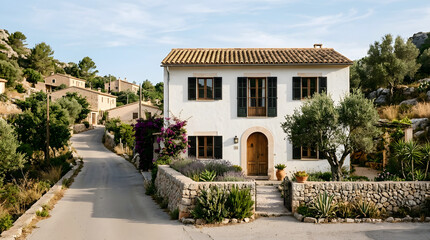 Fototapeta premium Traditional Mediterranean Villa Architecture With Stonewall Gardens And Winding Road Amidst Green Hills Under Clear Sky mediterranean villa