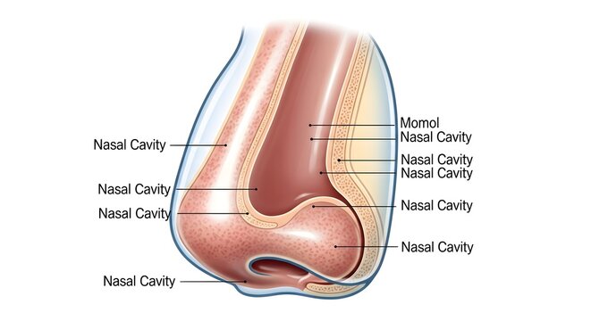 Lateral cross‑section anatomical diagram of the human nose showing the continuous nasal cavity from nostrils to posterior pharynx, with labeled regions of the cavity wall, septum and surrounding soft 