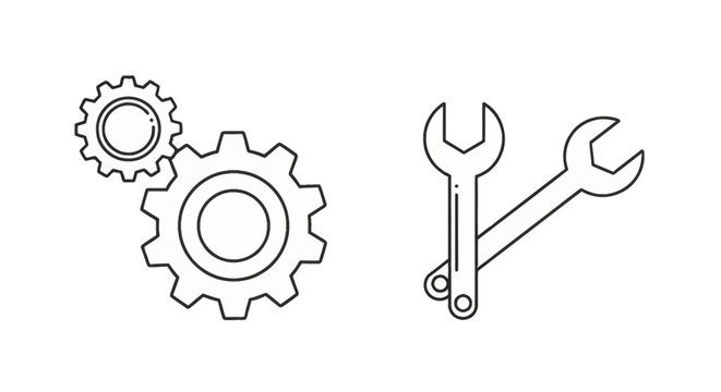 Two black line art icons featuring interlocking gear wheels and crossed spanner wrenches representing technical settings, maintenance, repair services, and configuration options.