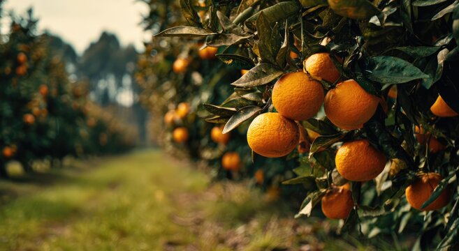 Ripe Oranges Hanging on Tree Branches in a Lush Grove.