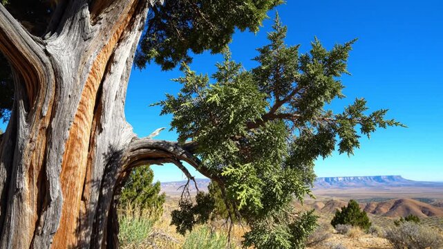 Ancient Juniper Tree Branches Reaching Out Across Expansive Desert Landscape Under Bright Blue Sky