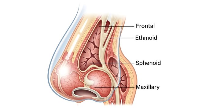 Sagittal cutaway medical illustration of the human nose and paranasal sinuses, clearly labeling frontal, ethmoid, sphenoid and maxillary sinus groups to demonstrate sinus anatomy, ventilation routes a