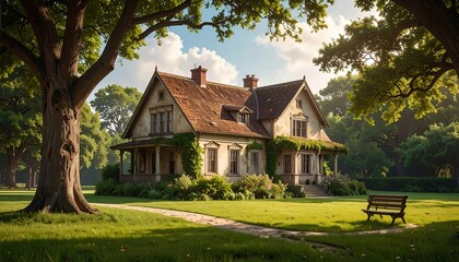 Obraz premium A serene house surrounded by lush greenery and a large tree
