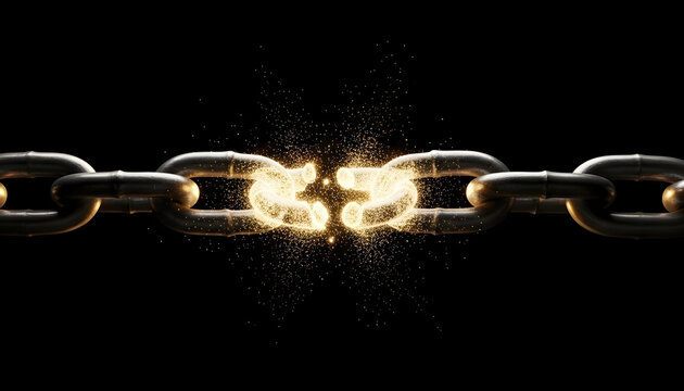Broken chain link with dollar sign on black background symbolizing financial instability and broken security