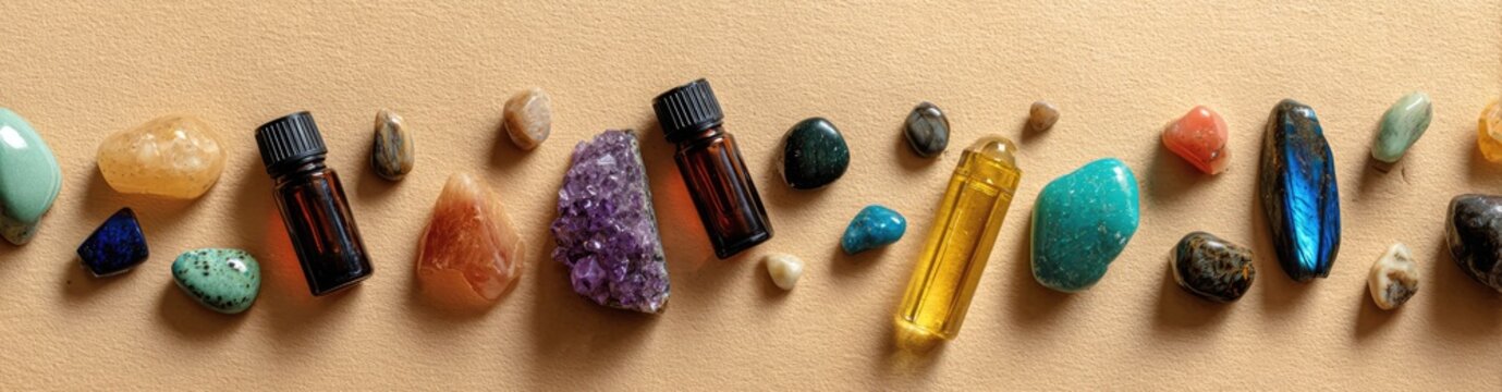 Assortment of Polished Gemstones and Crystals Arranged in a Line on a Neutral Background.
