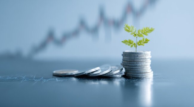 Green Sprout Growing From Stack of Coins Symbolizing Financial Growth.
