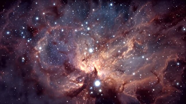 A stunning cosmic scene featuring luminous nebulosity and scattered stars across deep space. The colors range from purples to oranges with points of light