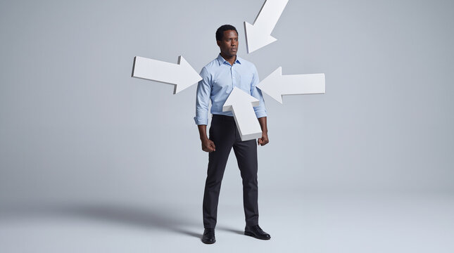 Black businessman under pressure as a target with 3D arrows pointing at him.