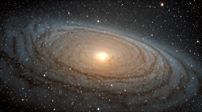 A stunning cosmic spiral galaxy glows in dark space, its core luminous and encircled by swirling arms speckled with stars.
