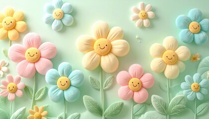 Obraz premium Kawaii Floral Smile Garden Background - Cute 3D Pastel Spring Flowers with Happy Faces for Childrens Mother Day Card, Sweet Botanical Illustration and Joyful Springtime Decor