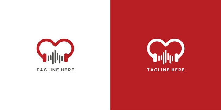 Creative heartshaped logo with audio wave and text for music lovers.