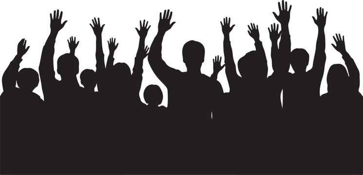 Black silhouettes of people with raised hands crowd