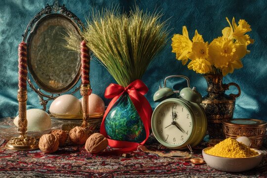 Haft-Seen Table Setting for Nowruz Celebration with Traditional Elements.
