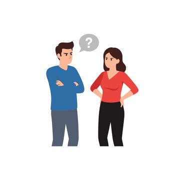 Couple arguing, confused man and woman with question mark symbol, communication problem