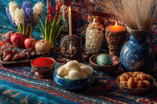 Haft-Seen Table Setting for Nowruz Celebration with Traditional Elements.