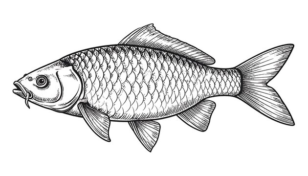 Detailed illustration of a carp fish in grayscale, showcasing its scales, fins, and barbels, isolated on a white background