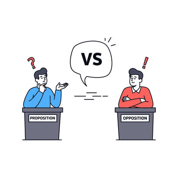 Debate Concept: Proposition vs Opposition, Two Men Arguing with Question and Exclamation Marks