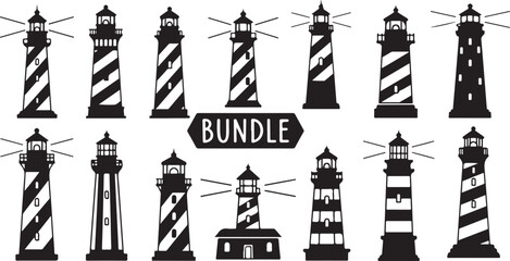 Obraz premium Collection of various lighthouse silhouettes in black and white