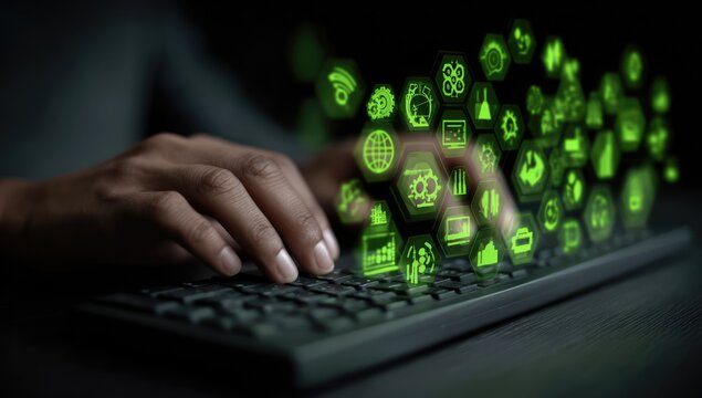 Typing on Keyboard with Glowing Green Digital Icons Emerging.