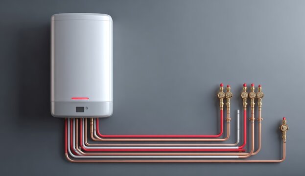 Modern Water Heater Unit with Copper Pipes on Gray Wall.