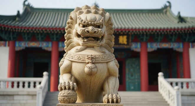 Majestic Stone Guardian Lion Statue Stands Guard at Temple Entrance.