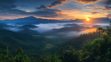 Obraz premium Beautiful sunrise and sunset over a mountain range landscape with a misty valley forest under a colorful dawn sky