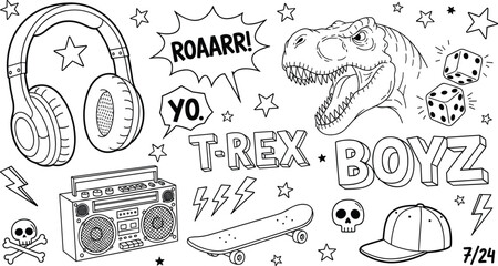 Doodle vector set for boys featuring T-rex dinosaur skateboard headphones boombox and street style elements in hand drawn line art © Bappi