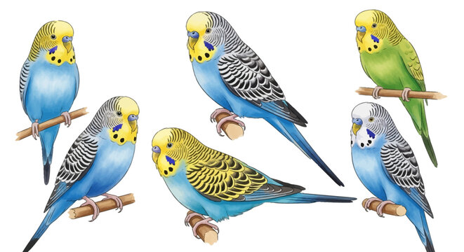 Watercolor illustration set of six budgerigars perched on wooden branches. Blue and green parakeets with yellow heads and black wing patterns, isolated on a white background.