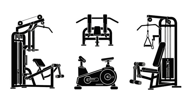 Vector illustration of four black gym equipment pieces including a weight machine, chest press, stationary exercise bike, and lat pulldown pulley station on a white background.