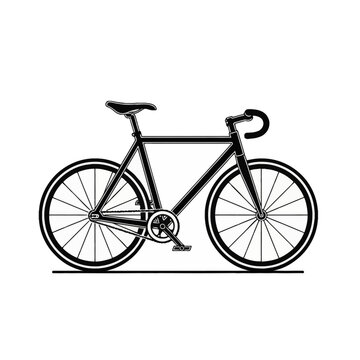 Minimalist black and white vector illustration of a fixed-gear road bicycle with drop handlebars and thin tires, isolated on a white background with detailed chain and sprocket.