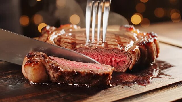 juicy grilled steak being sliced with knife and fork in close up, tender meat with rich texture and juices, gourmet food concept with warm lighting and premium restaurant presentation