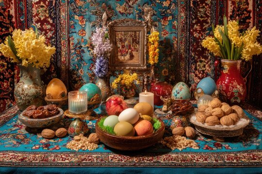 Traditional Haft-Seen table setting for Nowruz celebration with decorated eggs and sweets.