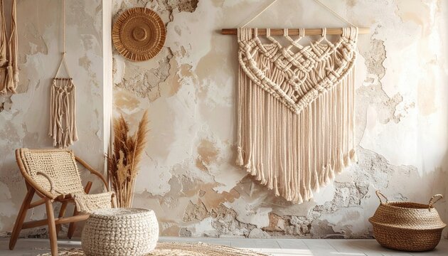 Bohemian macrame wall hanging featuring intricate knotting and fringe details, adding natural texture to interior decor.