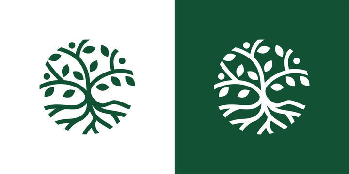 Circular tree logo design with leaves and roots on green background.