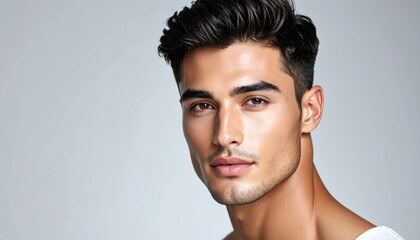 Obraz premium Close-up studio portrait of a handsome young man with dark hair and a clean-shaven face, showcasing smooth skin and attractive features.