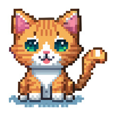 Obraz premium orange tabby cat sitting pixel art illustration for sunny game environments and friendly animal mascot designs for retro style platforms