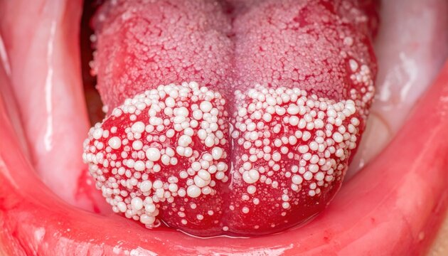 Detailed microscopic view of human tongue surface displaying numerous taste buds and papillae, illustrating sensory anatomy.