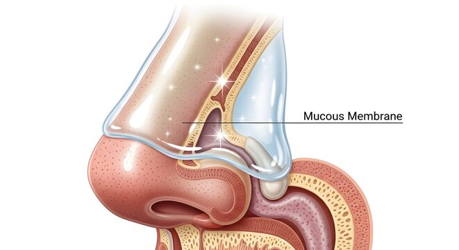 Lateral cutaway illustration of the human nose highlighting the mucous membrane lining the nasal cavity, emphasizing protective mucus layer, ciliated epithelium, filtration, warming and humidifying in