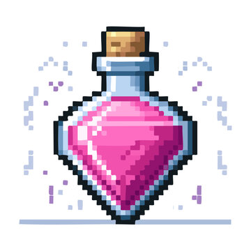 pink elixir potion bottle pixel art illustration for health boost items and mystical liquid assets for retro style fantasy adventure games