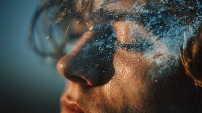 Double exposure portrait of a person with soft side light and open eyes, silhouette showing a flooded street slowly draining with sky and sunlight reflections, silver, blue, and pale gold tones