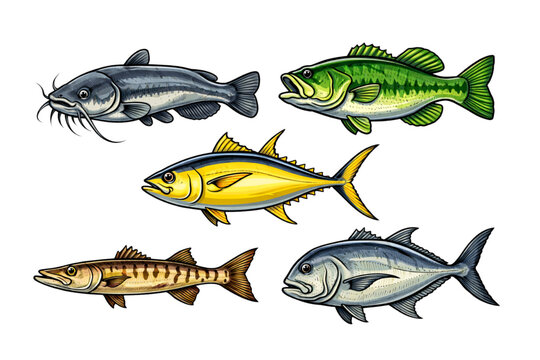 set fish for fishing illustration vector